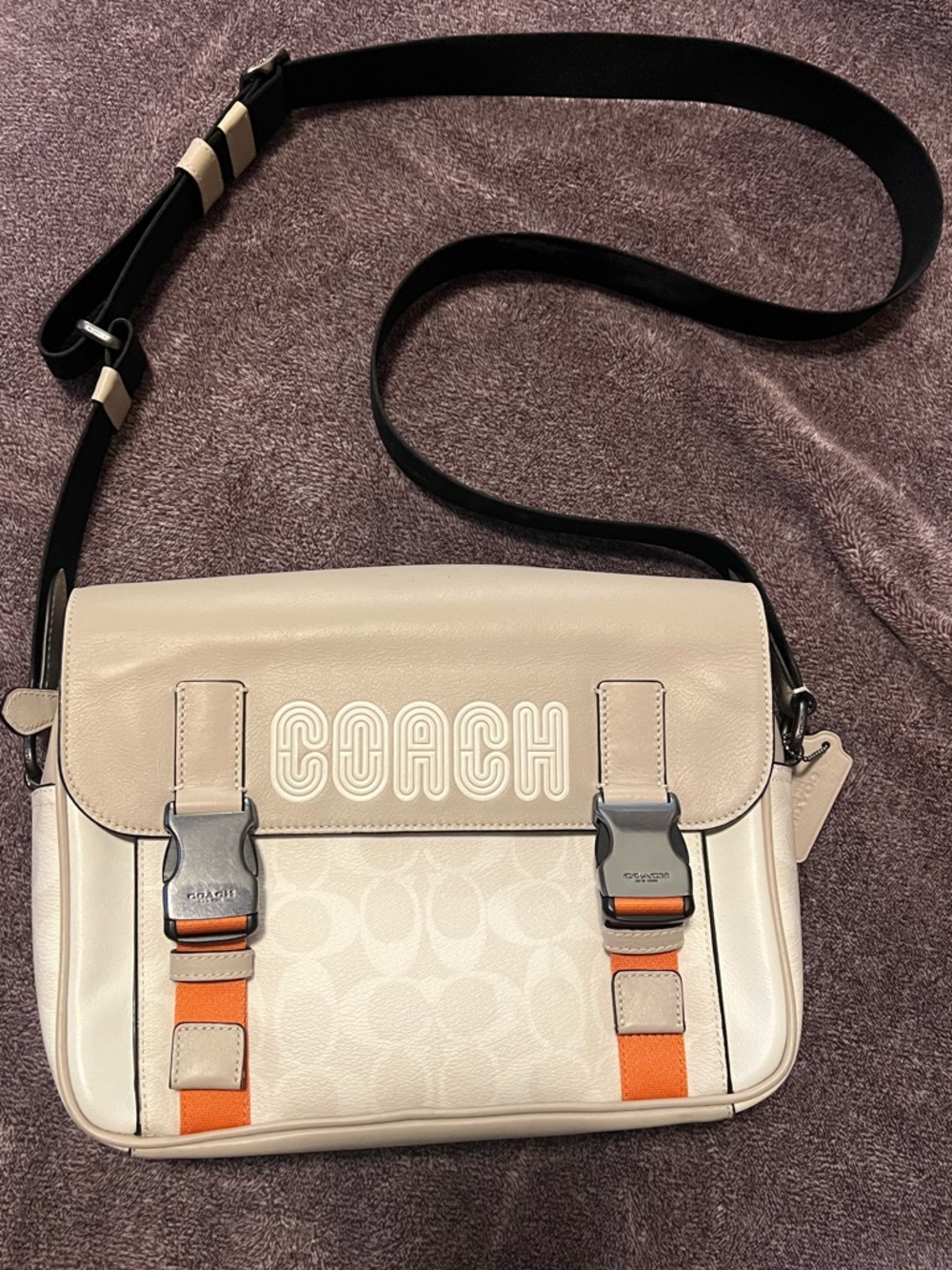 COACH Beige and Orange Signature Pebble Leather Crossbody Messenger